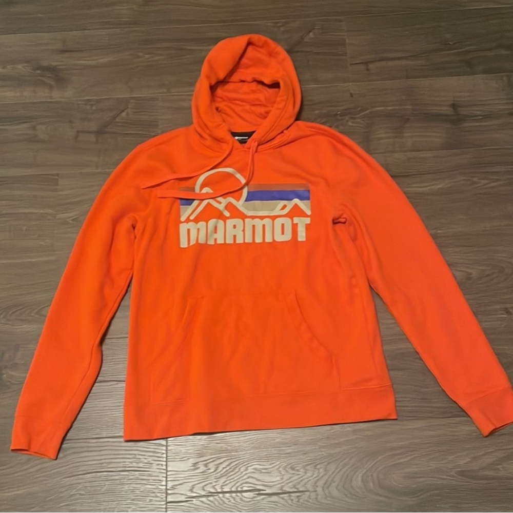 Marmot Orange Pullover Hoodie with White & Blue Logo
